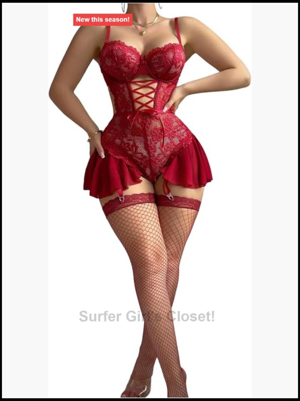 Lace Lingerie Bodysuit Ruffle Teddy Garter Fishnet Stockings Cut Out